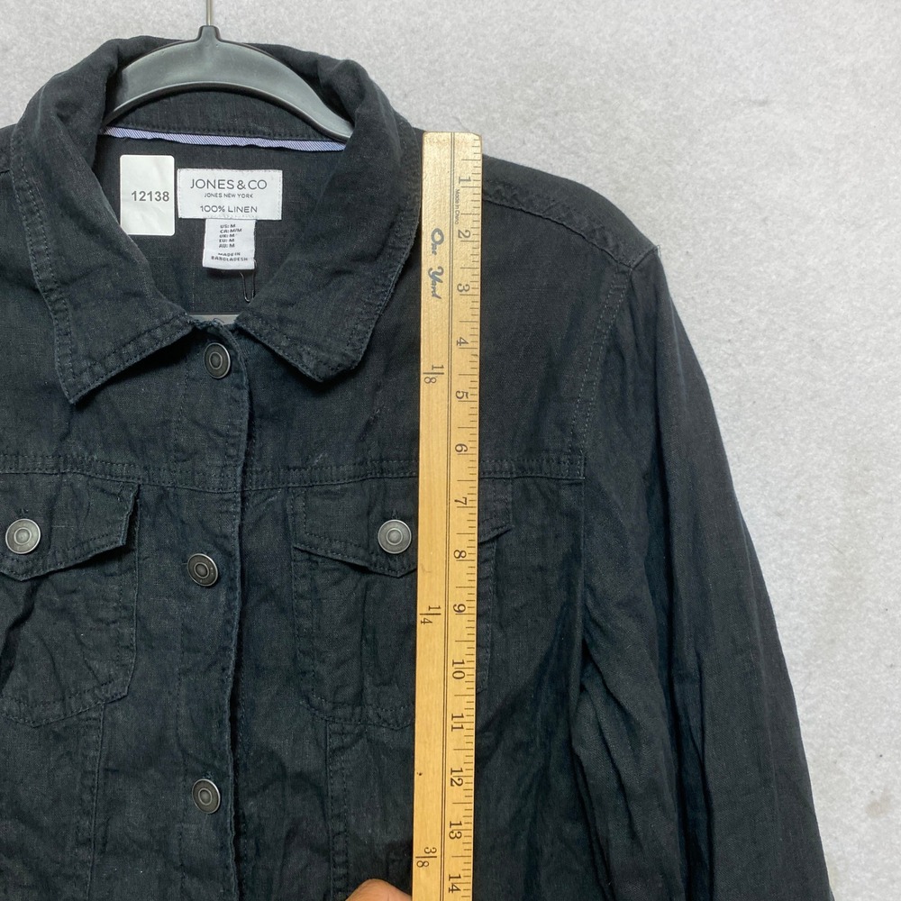 Jones & Co Linen Jacket Womens Medium Black Trucker Button-Down Pocket - Picture 2 of 9